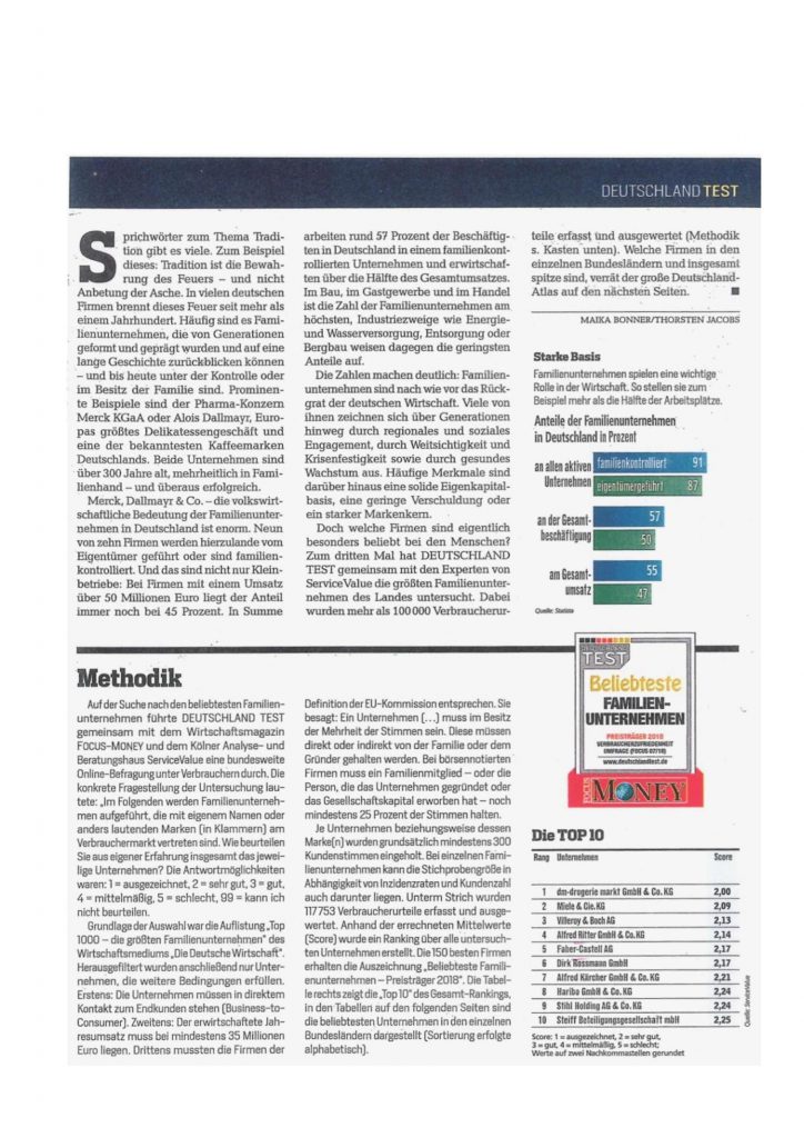 Hans Riegelein & Sohn GmbH & Co. KG Focus Money "Beliebtestes Familienunternehmen - Preisträger 2018"